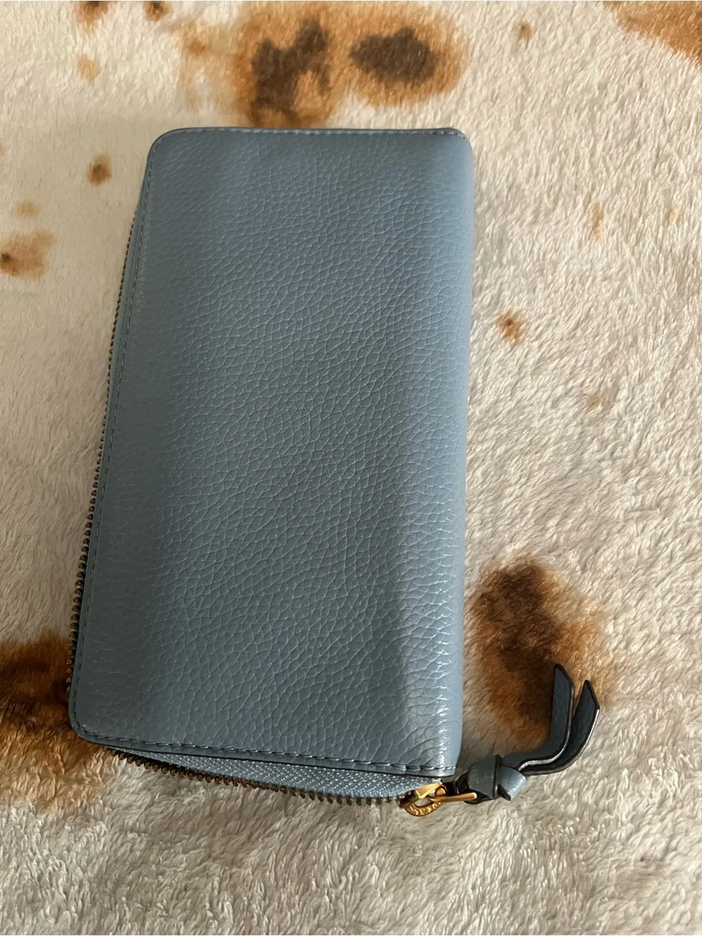 Tory Burch Steel Blue Pebbled Leather Zip Wallet with Gold Logo